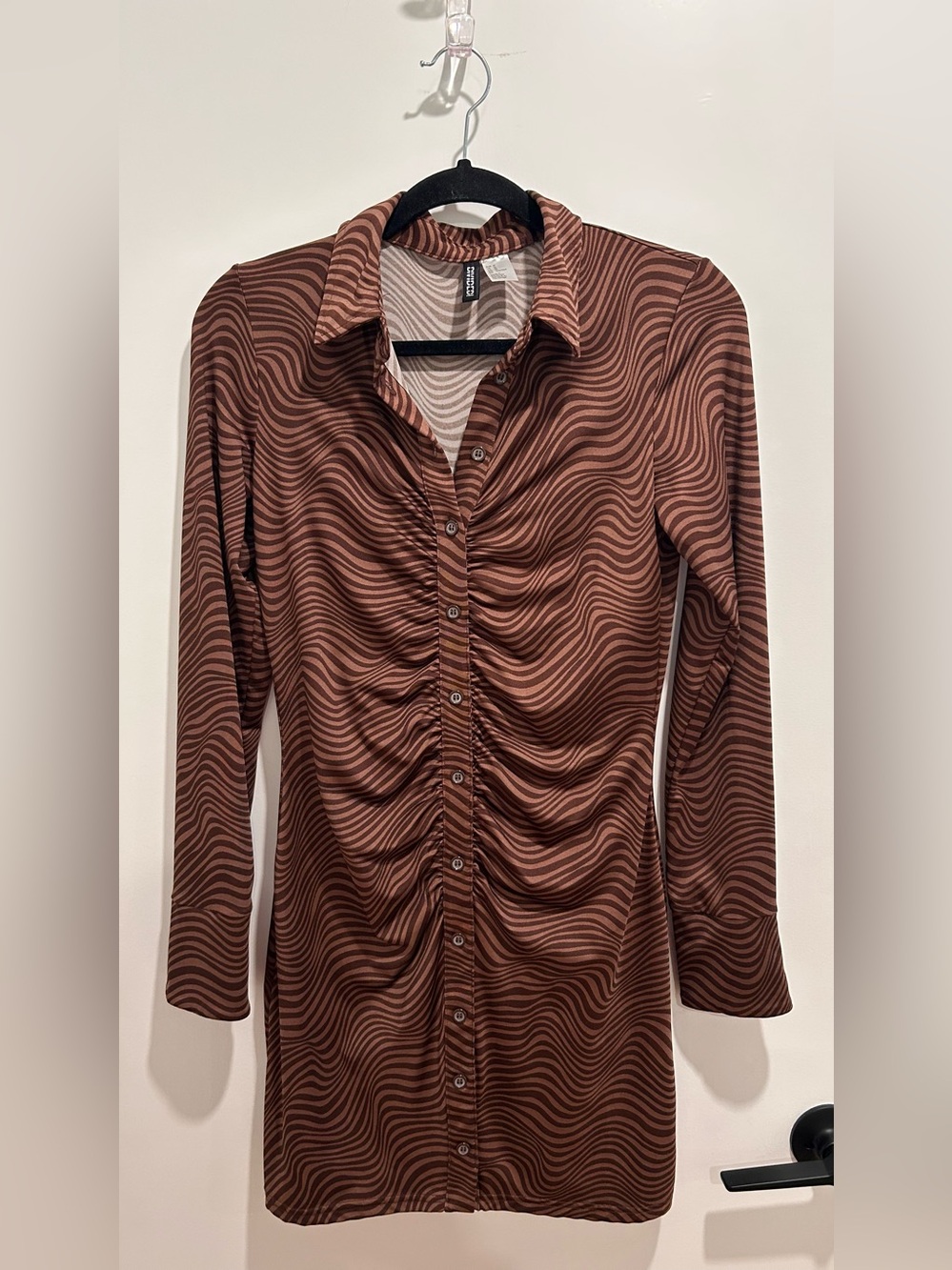 Divided Brown Ruched Button-Front Mini Dress